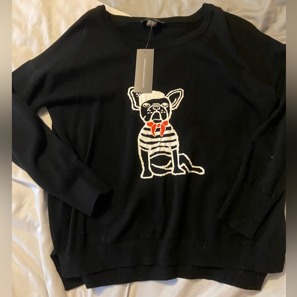 Black fench connection sweater with frenchie dog in front BNWT